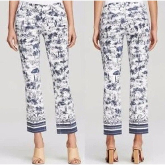 TORY BURCH Coastal Print Cropped Jeans Women 27 White Blue Mid Rise Slim - Picture 1 of 13
